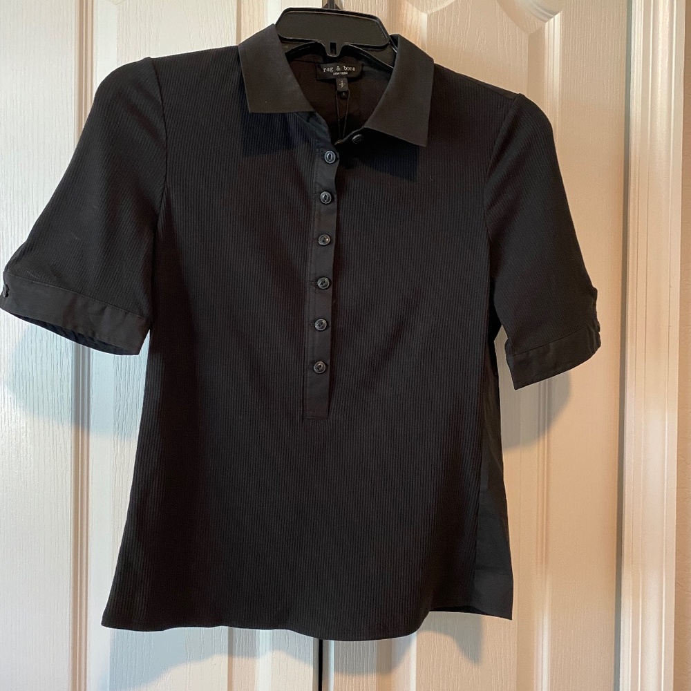 NWT Rag & Bone Black Ribbed Mix Media Polo